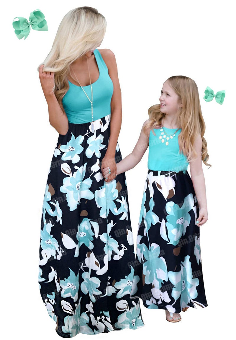 Qin.Orianna Mommy and Me Boho Floral Family Matching Maxi Dress with Pocket for Motherâ€™s Day Green - Image 1